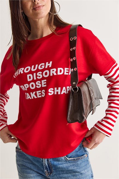 Kadın Yazı Baskılı Çizgili Katmanlı Kol Bisiklet Yaka Oversize Sweatshirt 2387 60286693 - Kırmızı