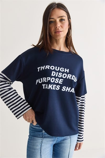Kadın Yazı Baskılı Çizgili Katmanlı Kol Bisiklet Yaka Oversize Sweatshirt 2387 60286693 - Lacivert