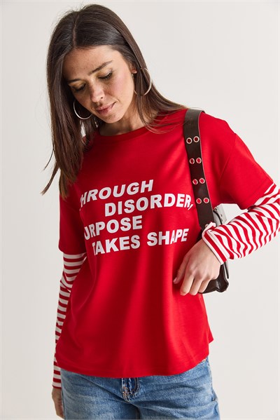 Kadın Yazı Baskılı Çizgili Katmanlı Kol Bisiklet Yaka Oversize Sweatshirt 2387 60286693 - Kırmızı