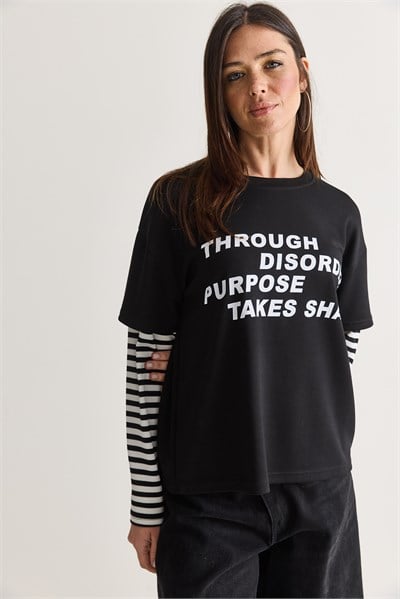 Kadın Yazı Baskılı Çizgili Katmanlı Kol Bisiklet Yaka Oversize Sweatshirt 2387 60286693 - Siyah