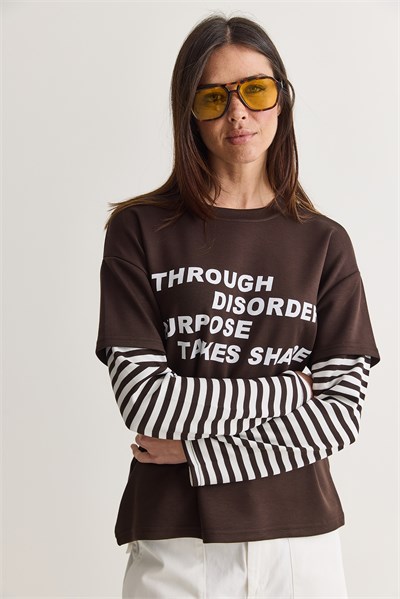 Kadın Yazı Baskılı Çizgili Katmanlı Kol Bisiklet Yaka Oversize Sweatshirt 2387 60286693 - Acı Kahve