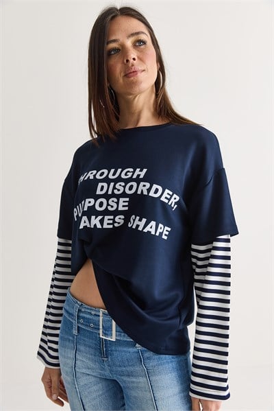 Kadın Yazı Baskılı Çizgili Katmanlı Kol Bisiklet Yaka Oversize Sweatshirt 2387 60286693 - Lacivert