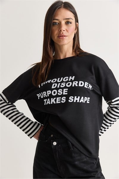 Kadın Yazı Baskılı Çizgili Katmanlı Kol Bisiklet Yaka Oversize Sweatshirt 2387 60286693 - Siyah