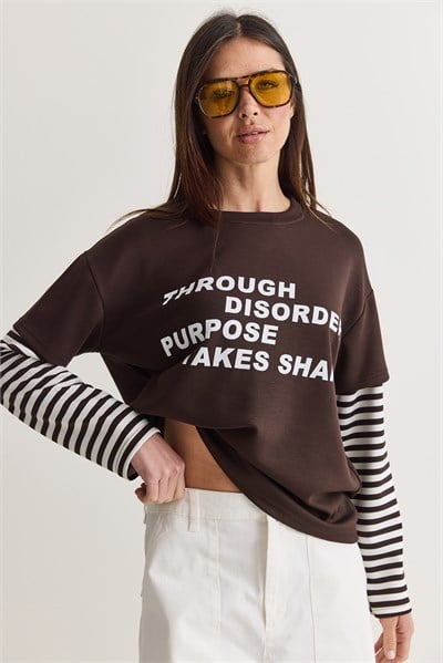 Kadın Yazı Baskılı Çizgili Katmanlı Kol Bisiklet Yaka Oversize Sweatshirt 2387 60286693 - Acı Kahve