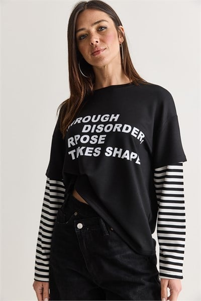 Kadın Yazı Baskılı Çizgili Katmanlı Kol Bisiklet Yaka Oversize Sweatshirt 2387 60286693 - Siyah