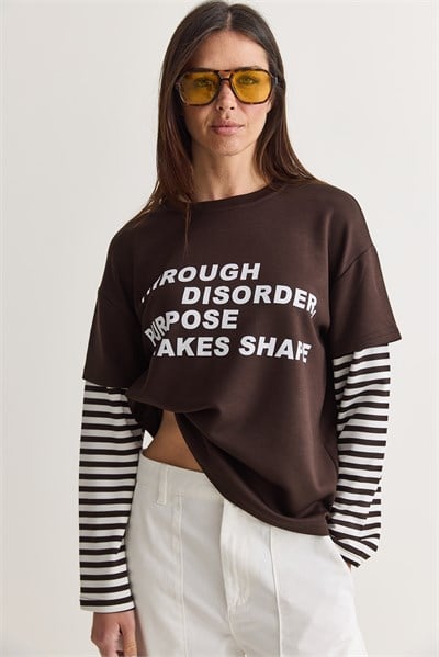 Kadın Yazı Baskılı Çizgili Katmanlı Kol Bisiklet Yaka Oversize Sweatshirt 2387 60286693 - Acı Kahve