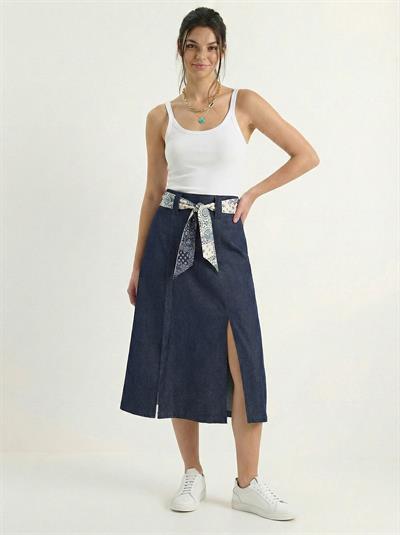Kadın Yırtmaç Detaylı Desenli Saten Kemerli Midi Boy Denim Etek 7512 60283934 - Lacivert