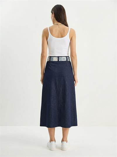 Kadın Yırtmaç Detaylı Desenli Saten Kemerli Midi Boy Denim Etek 7512 60283934 - Lacivert