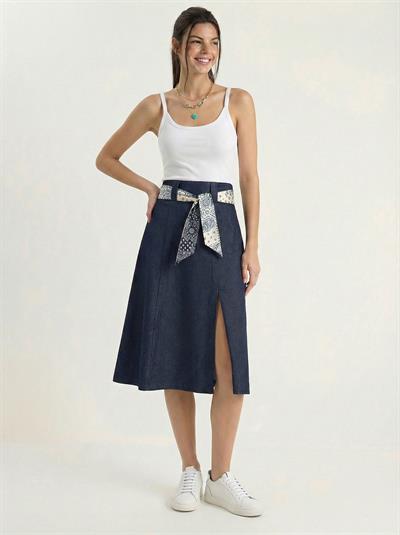 Kadın Yırtmaç Detaylı Desenli Saten Kemerli Midi Boy Denim Etek 7512 60283934 - Lacivert