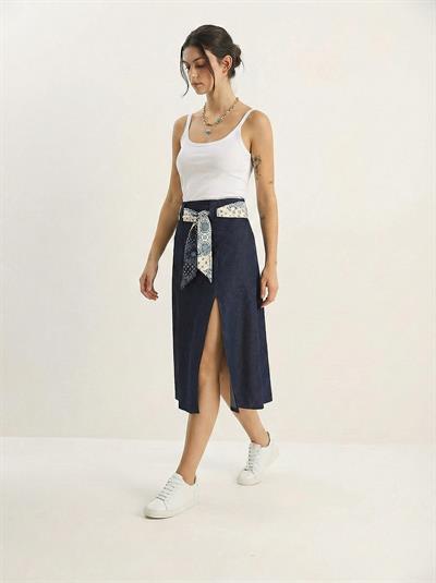 Kadın Yırtmaç Detaylı Desenli Saten Kemerli Midi Boy Denim Etek 7512 60283934 - Lacivert