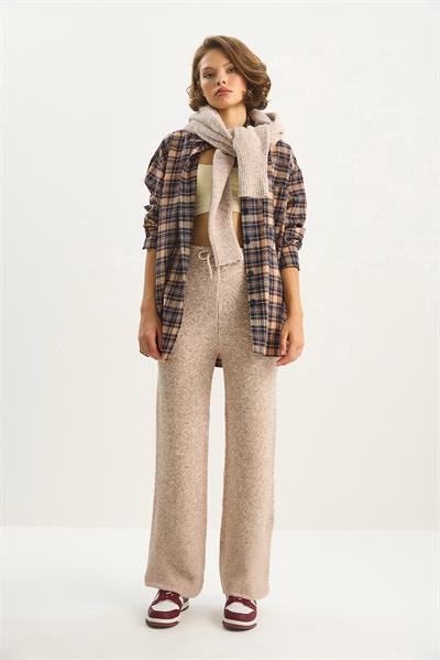 Kadın Yüksek Bel Bağlamalı Triko Palazzo Pantolon 5051 60283589 - Soft Pudra