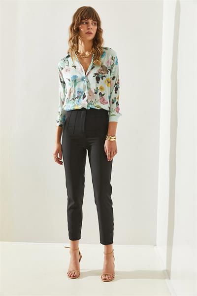 Kadın Yüksek Bel Fermuarlı Çima Detaylı Double Pantolon 60251269 - Siyah