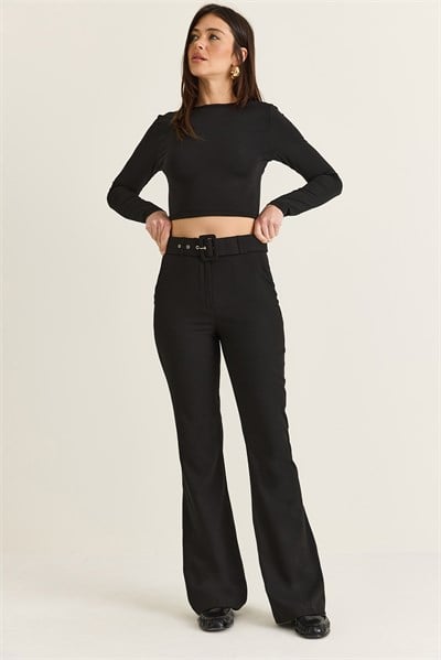 Kadın Yüksek Bel Kalın Kemerli İspanyol Paça Kumaş Pantolon 20344 60286549 - Siyah