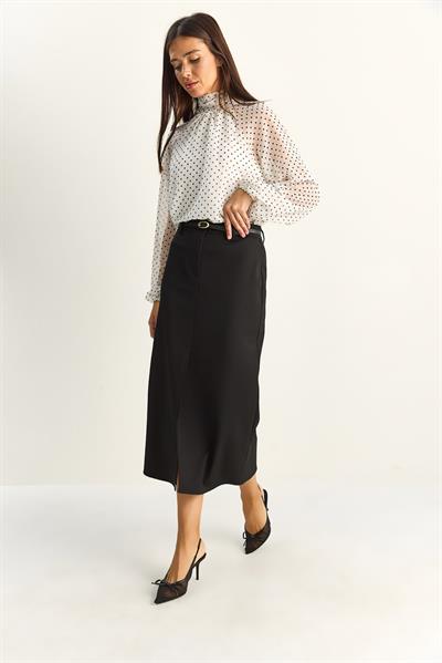 Kadın Yüksek Bel Kemerli Ön Yırtmaç Detaylı Midi Boy Kalem Etek DE261014 60286172 - Siyah