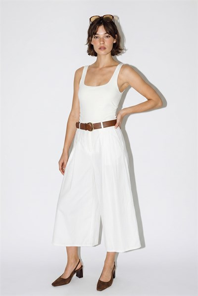Kadın Yüksek Bel Pile Detaylı Geniş Paça Culotte Pantolon DP261038 60286319 - Beyaz