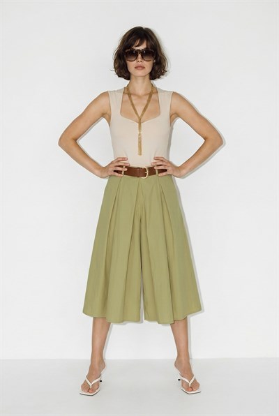 Kadın Yüksek Bel Pile Detaylı Geniş Paça Culotte Pantolon DP261038 60286319 - Haki