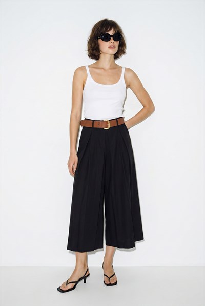 Kadın Yüksek Bel Pile Detaylı Geniş Paça Culotte Pantolon DP261038 60286319 - Siyah