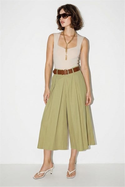 Kadın Yüksek Bel Pile Detaylı Geniş Paça Culotte Pantolon DP261038 60286319 - Haki