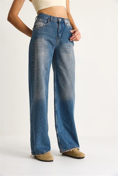 Kadın Yüksek Bel Soluk Efektli Bol Kesim Denim Pantolon 5291 60284087 - Mavi