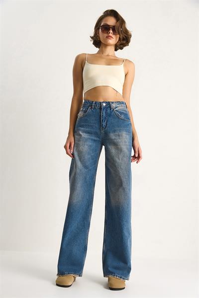 Kadın Yüksek Bel Soluk Efektli Bol Kesim Denim Pantolon 5291 60284087 - Mavi