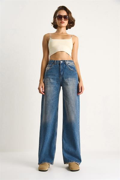 Kadın Yüksek Bel Soluk Efektli Bol Kesim Denim Pantolon 5291 60284087 - Mavi