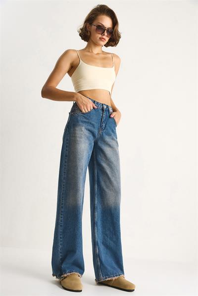 Kadın Yüksek Bel Soluk Efektli Bol Kesim Denim Pantolon 5291 60284087 - Mavi