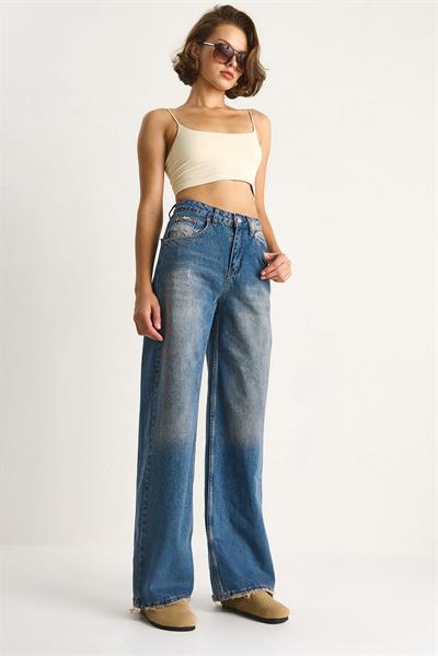 Kadın Yüksek Bel Soluk Efektli Bol Kesim Denim Pantolon 5291 60284087 - Mavi