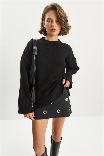 Kadın Yumuşacık Bisiklet Yaka Oversize Triko Kazak 60282032 - Siyah