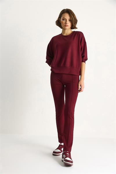 Kadın Yumuşak Dokulu Bisiklet Yaka Oversize Sweat Pantolon Viskon Dalgıç Takım 6819 60283531 - Bordo