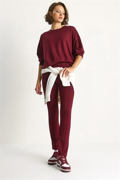 Kadın Yumuşak Dokulu Bisiklet Yaka Oversize Sweat Pantolon Viskon Dalgıç Takım 6819 60283531 - Bordo