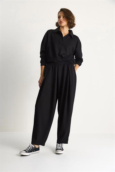 Kadın Yumuşuk Dokulu Polo Yaka Kısa Sweat Şalvar Viskon Dalgıç Takım 6818 60283530 - Siyah