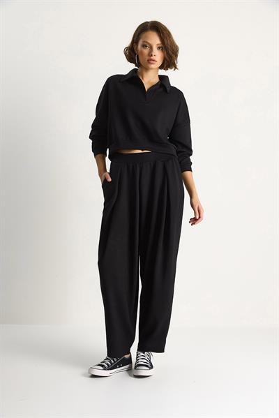 Kadın Yumuşuk Dokulu Polo Yaka Kısa Sweat Şalvar Viskon Dalgıç Takım 6818 60283530 - Siyah