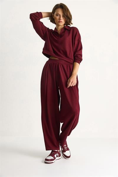Kadın Yumuşuk Dokulu Polo Yaka Kısa Sweat Şalvar Viskon Dalgıç Takım 6818 60283530 - Bordo