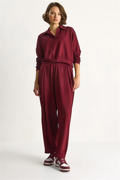 Kadın Yumuşuk Dokulu Polo Yaka Kısa Sweat Şalvar Viskon Dalgıç Takım 6818 60283530 - Bordo