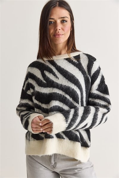 Kadın Zebra Desenli Bisiklet Yaka Oversize Triko Kazak 5569 60286712 - Ekru-Siyah