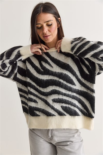 Kadın Zebra Desenli Bisiklet Yaka Oversize Triko Kazak 5569 60286712 - Ekru-Siyah