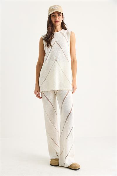 Kadın Kalın Askılı Bluz Bol Pantolonlu İnce Yazlık Triko Alt-Üst Takım 20251013 - Ekru