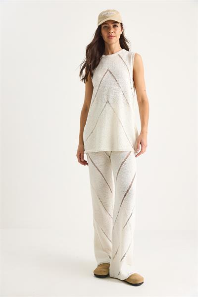 Kadın Kalın Askılı Bluz Bol Pantolonlu İnce Yazlık Triko Alt-Üst Takım 20251013 - Ekru