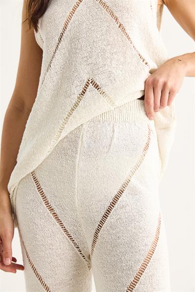 Kadın Kalın Askılı Bluz Bol Pantolonlu İnce Yazlık Triko Alt-Üst Takım 20251013 - Ekru