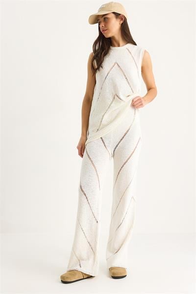 Kadın Kalın Askılı Bluz Bol Pantolonlu İnce Yazlık Triko Alt-Üst Takım 20251013 - Ekru