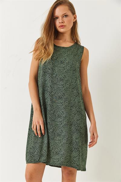 Kadın Kalın Askılı Desenli Kısa Viskon Elbise 60261473 - Yeşil