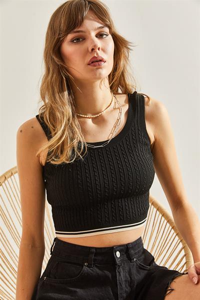 Kadın Kalın Askılı Triko Crop Bluz 20246140 - Siyah