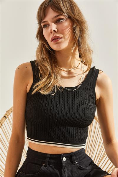 Kadın Kalın Askılı Triko Crop Bluz 20246140 - Siyah