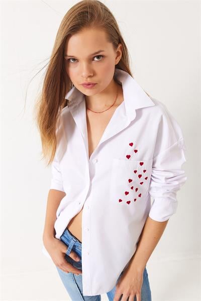 Kadın Kalp Nakışlı Düşük Omuz Oversize Poplin Gömlek 60456 60271081 - Beyaz