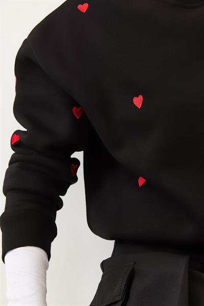 Kadın Kalp Nakışlı Sweatshirt MBHS016 60601016 - Siyah