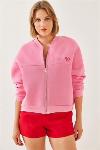 Kalp Nakışlı Üç İplik Şardonlu Hırka 6326 60251954 - Pembe