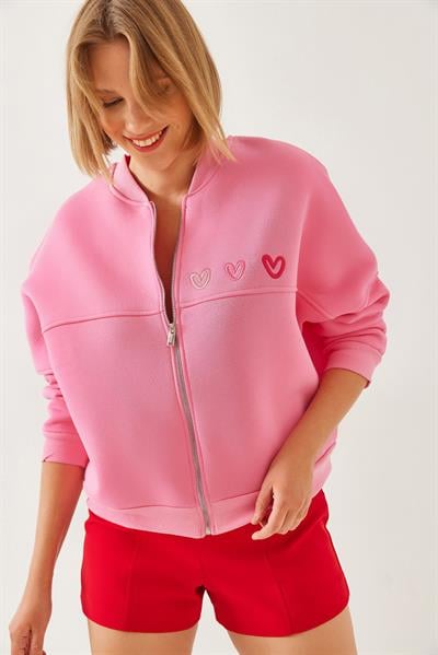 Kalp Nakışlı Üç İplik Şardonlu Hırka 6326 60251954 - Pembe