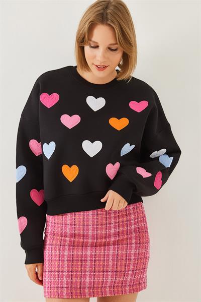 Kadın Kalp Nakışlı Üç İplik Şardonlu Sweatshirt 6458 60251955 - Siyah