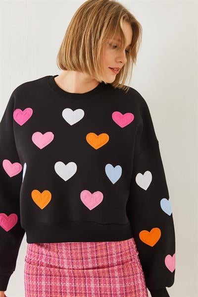 Kadın Kalp Nakışlı Üç İplik Şardonlu Sweatshirt 6458 60251955 - Siyah