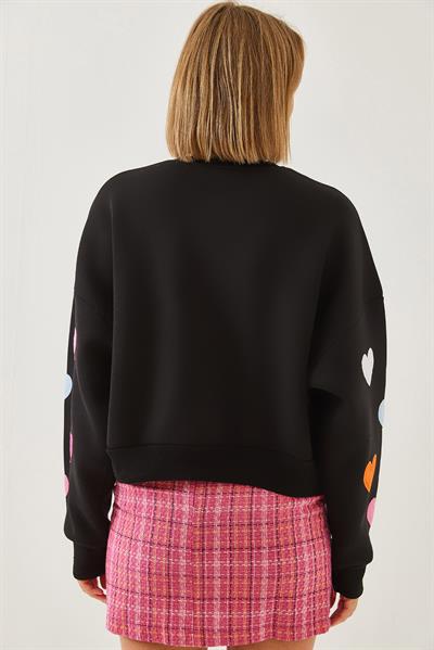 Kadın Kalp Nakışlı Üç İplik Şardonlu Sweatshirt 6458 60251955 - Siyah